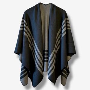 BB Dakota Reversible Stripe Cape Poncho Black Gray OS
